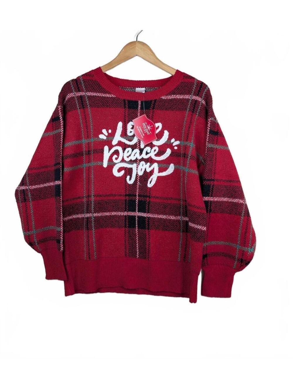 NWT Holiday Time Women's Red‎ Plaid Sweater with Love Peace Joy Print, Size M